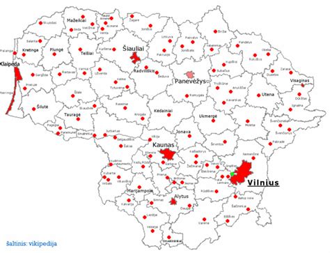 Žemėlapis su pažymėtais Lietuvos regionais, kur siūlomi nuotekų valymo įrenginių sprendimai