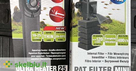 Įvairūs akvariumo priedai: filtras, šildytuvas, termometras