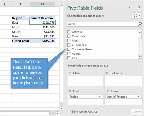 Excel Pivot Table fields pane with rows and columns