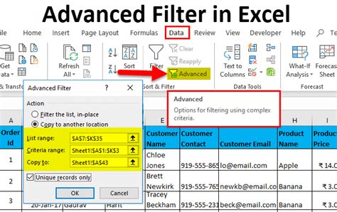 Excel Advanced Filter dialog box with criteria range