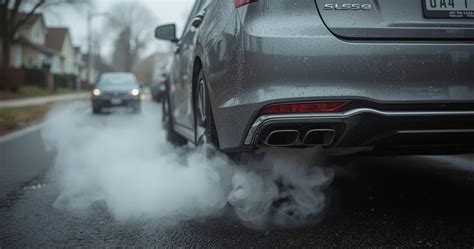 Įvairių spalvų dūmai iš automobilio išmetimo vamzdžio