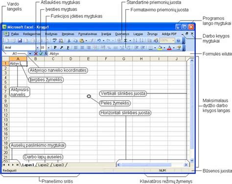Excel programos lango pagrindiniai elementai