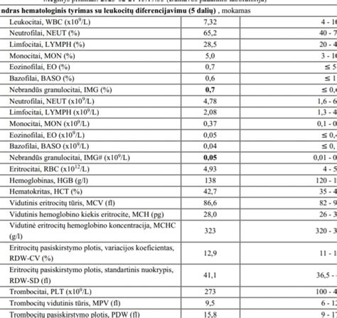 Schematinis bendro kraujo tyrimo rezultatų pateikimas