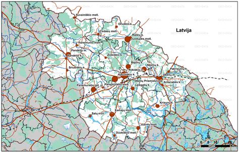 Rokiškio rajono žemėlapis su pažymėtomis gyvenvietėmis, kuriose teikiamos nuotekų surinkimo ir išvalymo paslaugos.