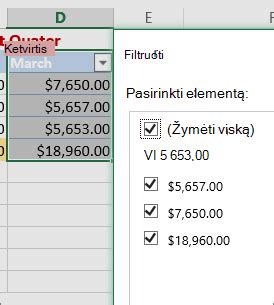 Excel skaičių filtro parinktys