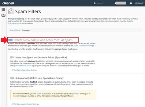 Ekranvaizdis, rodantis SPAM filtro nustatymų konfigūravimo skydelį