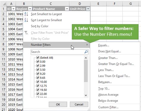 Excel Number Filter Options